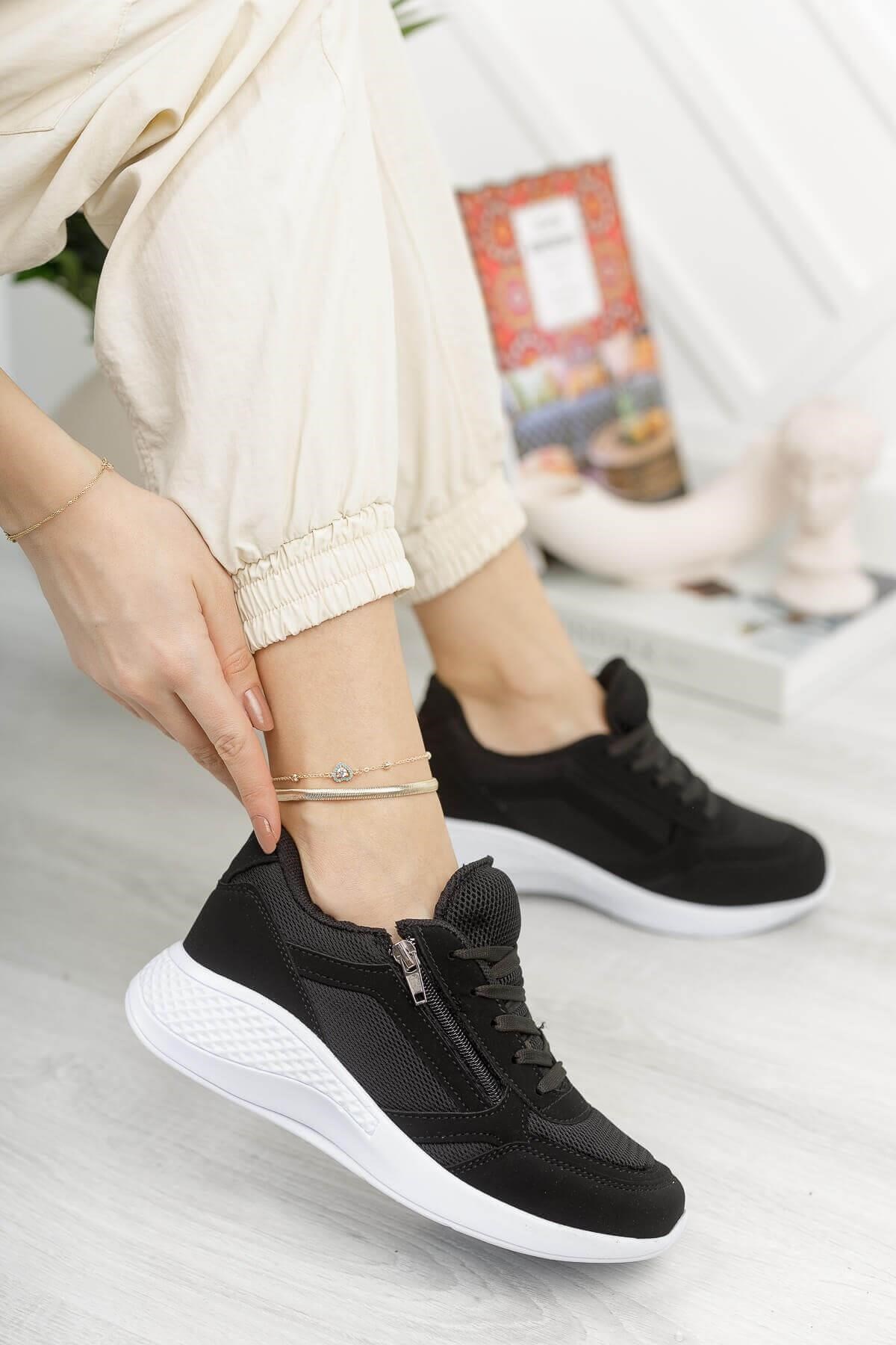 Freto Fermuarlı Siyah Beyaz Kadın Spor Ayakkabı