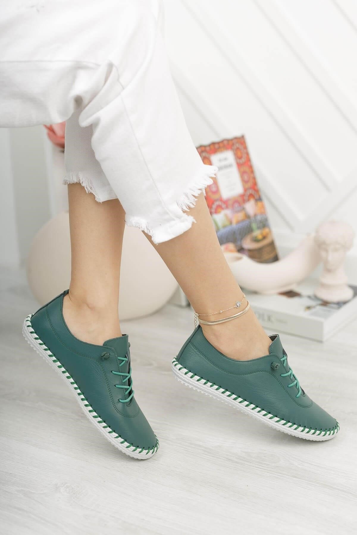 Verone Hakiki Deri Yazlık Yeşil Kadın Ayakkabı