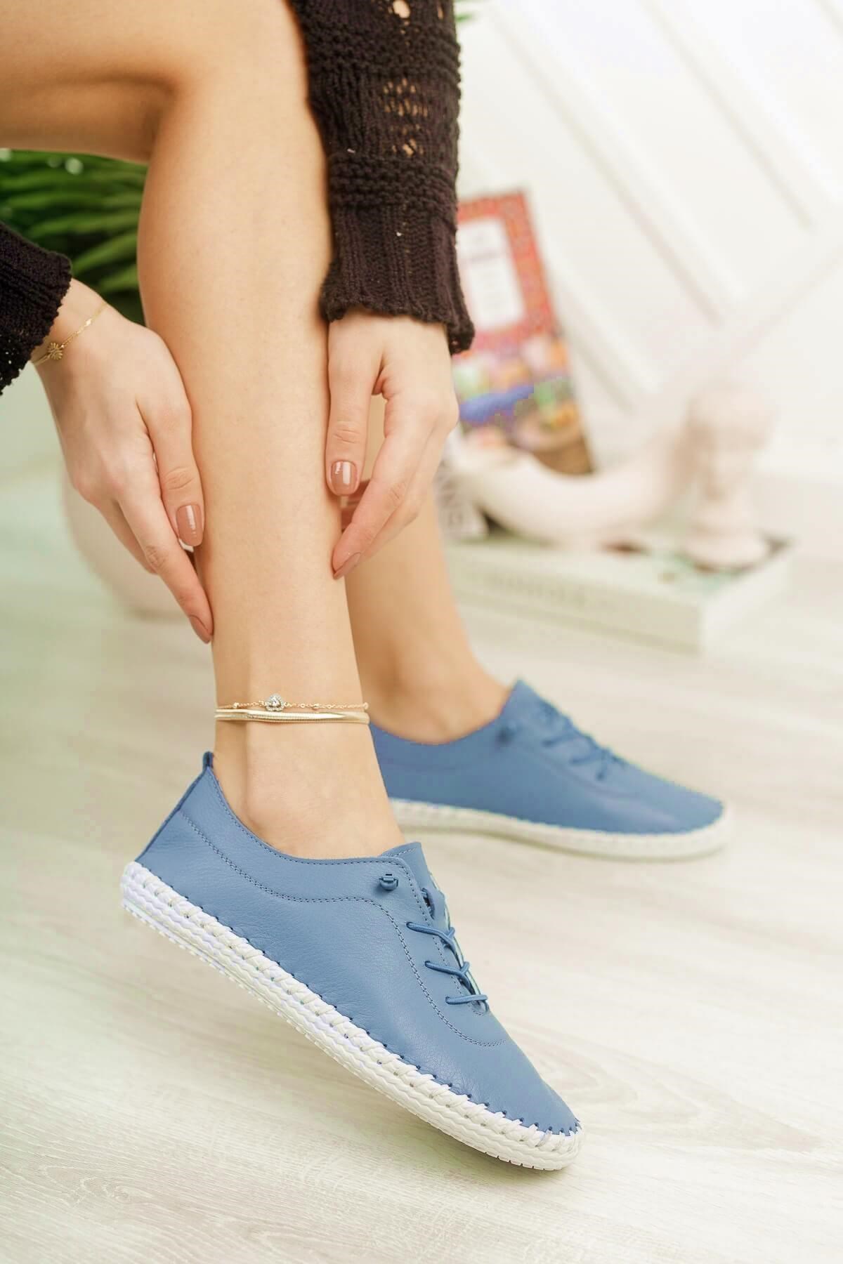 Verone Hakiki Deri Yazlık Mavi Kadın Ayakkabı